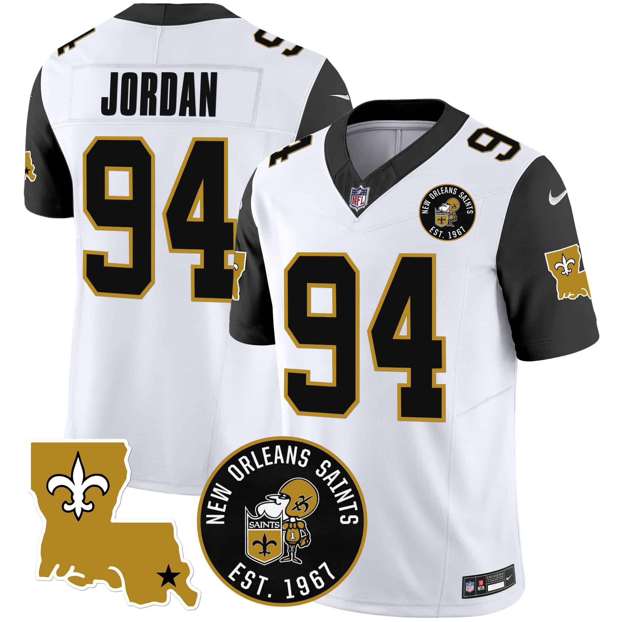 Men New Orleans Saints 94 Jordan White 2024 Nike 1967 Patch Vapor Limited NFL Jersey style 2